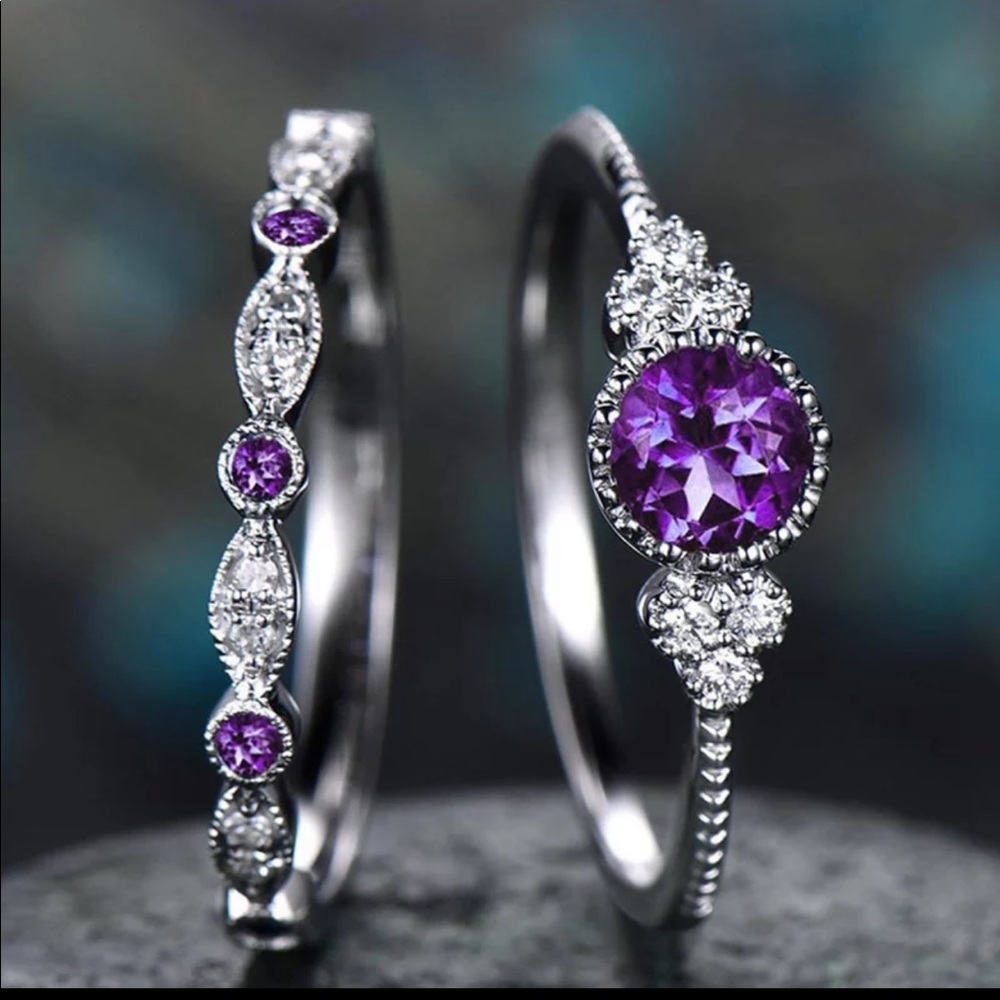 New 2Pcs/Set Blue Purple Zircon Engagement Rings - Picture 2 of 2